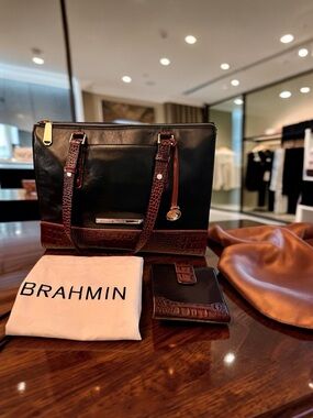 Brahmin Tuscan Croc-Trim Leather Tote w/Matching Card Holder & Dustbag (EUC)